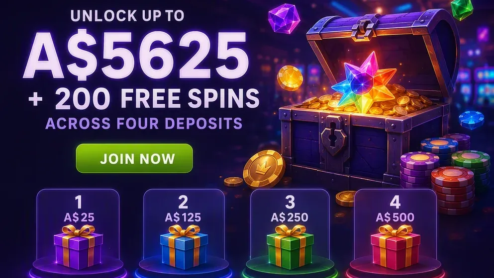 Four deposit bonus stages with AUD amounts shown