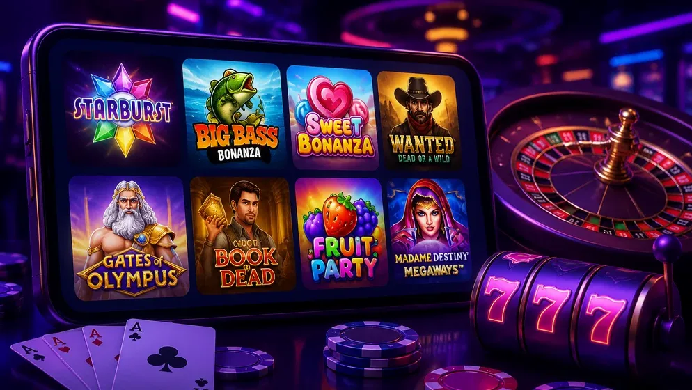 grid of colorful slot game thumbnails from multiple studios